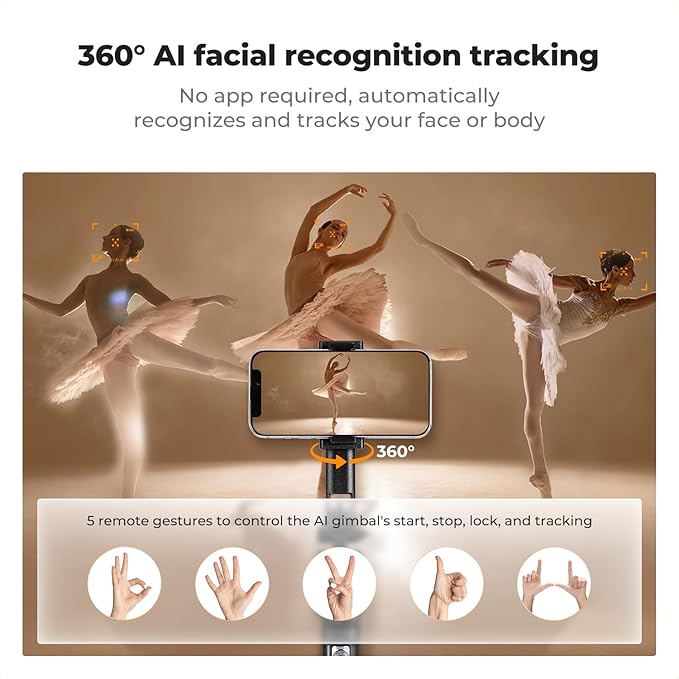 K&F CONCEPT 71“ Face Tracking Tripod for iPhone, Auto Face Tracking Selfie Stick with 2 Fill Lights, Auto Face Tracking Tripod 360 Totation with Stand, Gesture Control, Remote Control