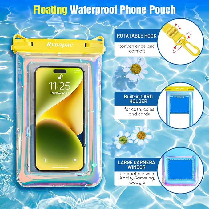 Waterproof Phone Pouch Floating for Beach Essentials, IPX8 Underwater Cell Phone Holder with Lanyard for iPhone 16 15 14 Pro Max, Galaxy S24/23/22 (Iridescent, Regular Size [8.5inch])