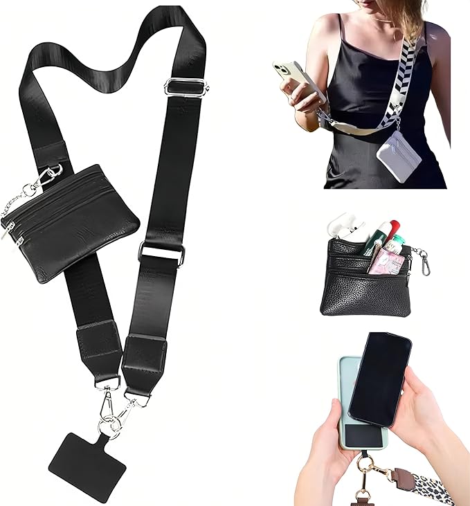 Crossbody Body Phone Holder for Women, New Phone Strap with Zippered Pouch, Adjustable Crossbody Strap (Black)