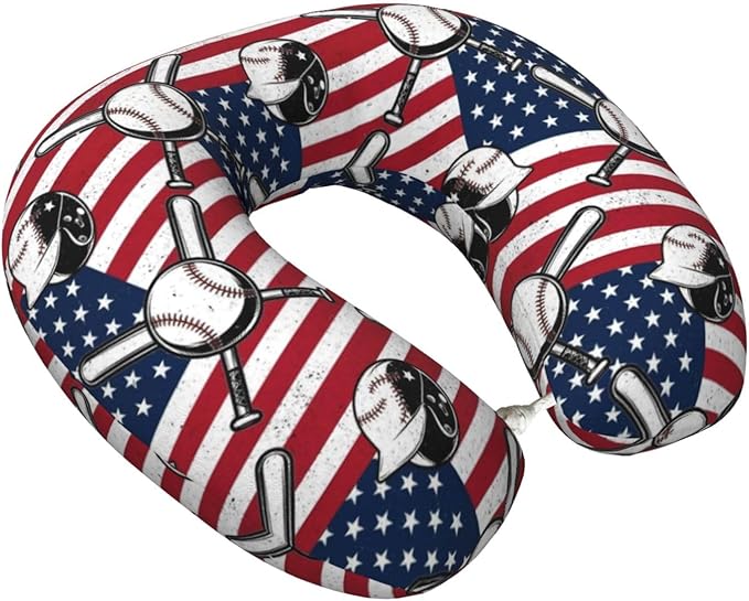 Funny Neck Pillow Support for Car Flight Rest Vintage Baseball American Flag, Memory Foam U Shaped Decor Head Cushion for Home Outdoors Travel