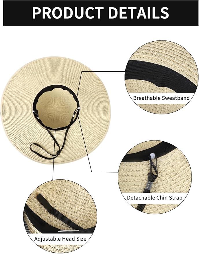 Senker Fashion Sun Hats for Women, Wide Brim Floppy Beach Straw Hat for Summer Travel Vacation Foldable with Sunglasses