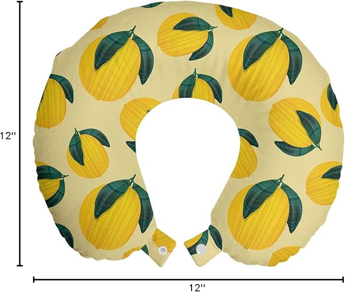 Ambesonne Garden Art Travel Pillow Neck Rest, Close-Up Graphic Lemon Images with Leaves Illustration Limes Print, Memory Foam Traveling Accessory for Airplane and Car, 12", Jade Green and Mustard