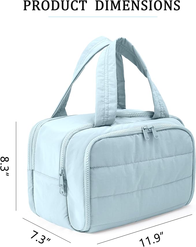 Travel Toiletry Bag for Women, Large Wide-open Puffy Cosmetic Makeup Bag with Wet-Dry Separation, Multi-Pocket Organizer with Carry Handle for Toiletries, Cosmetics, Essentials, Light Blue