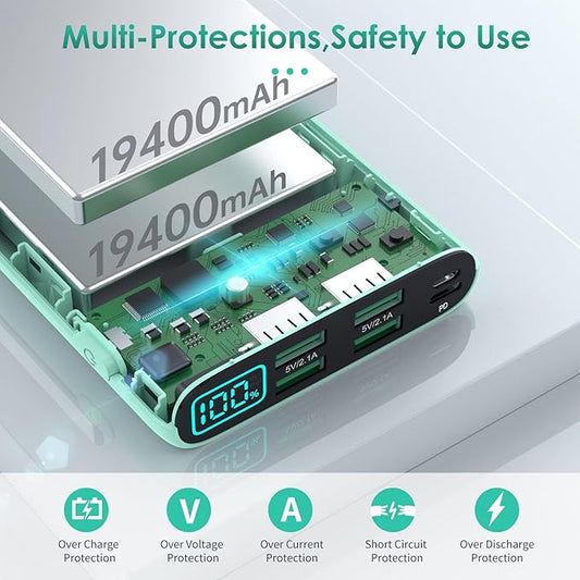 Portable Charger 38800mAh,LCD Display Power Bank,5 USB Outputs Battery Pack Backup, USB-C 3A in&out Travel Essential Portable Phone Charger For iPhone 17/16/15/14/13 Pro,Android Samsung Galaxy-Green