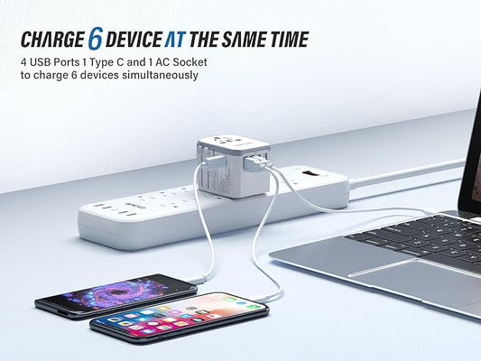 EPICKA Universal Travel Adapter, European Travel Plug Adapter - International Power Adapter Worldwide Charger with USB-C & 4 USB-A Ports, Travel Essentials for Italy, Japan, Europe, UK (TA-105, White)