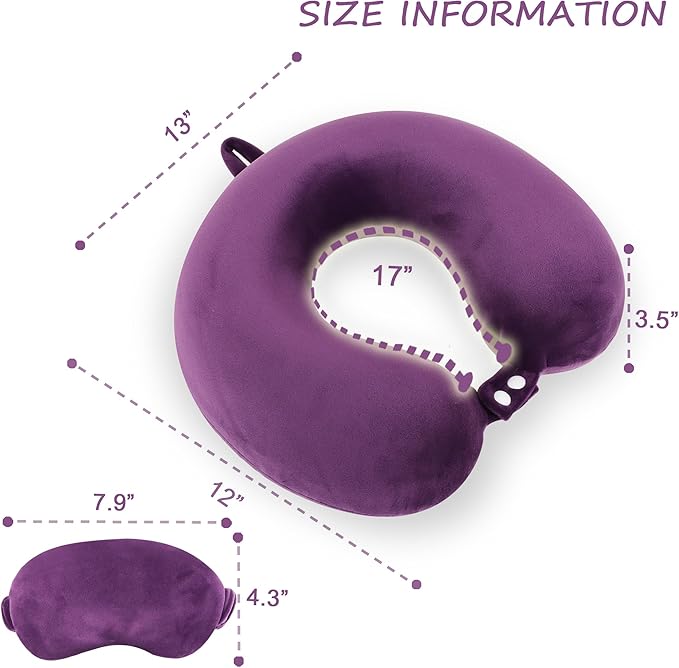Sexysamba Pure Memory Foam Travel Pillow Set for Adults - Comfortable & Removable Machine Washable Cover, Neck Support Pillow Airplane Travel Kit with Eye Mask for Portable Plane Accessories - Purple