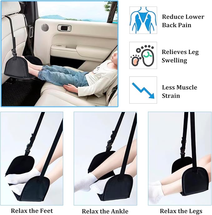 No Collapse Airplane Footrest with Extended Adjustment Strap- Airplane Foot Hammock with Memory Foam, Portable Adjustable Plane Leg Rest, Footrest Provides Relaxation and Comfort (Black)