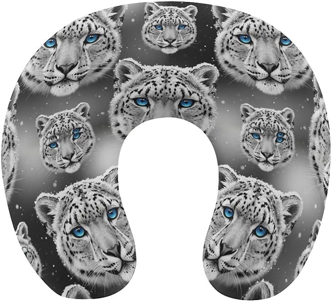 Unisex Travel Neck Pillow Memory Foam U Shaped Cushion Snow Leopard, Washable Cover for Men Women Airplane Car Home Rest