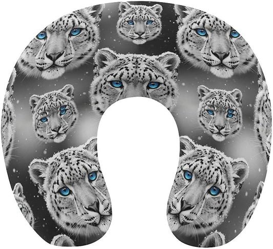 Unisex Travel Neck Pillow Memory Foam U Shaped Cushion Snow Leopard, Washable Cover for Men Women Airplane Car Home Rest