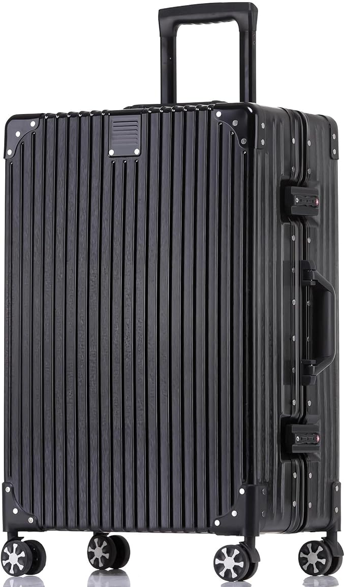 HotWay 22 Inch Checked in Luggage with Aluminum Frame,PC Hard Shell Suitcase with Spinner Wheels and TSA Lock, Large Suitcase for Travel, Black