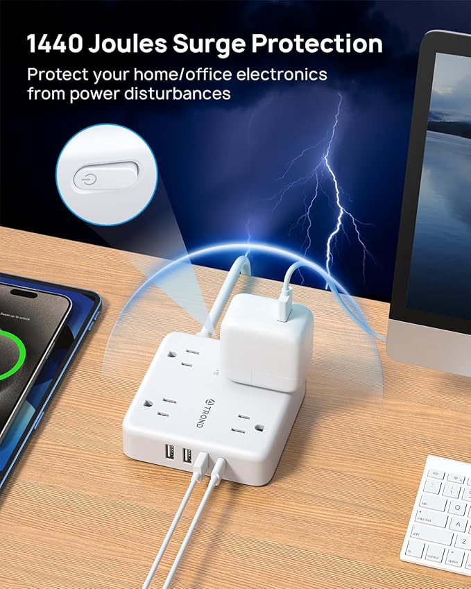 TROND 2 Prong Power Strip: 1440J Surge Protector, 5ft Extension Cord with Multiple AC Outlets & USB Ports, Wall Mount Adapter for Non-Grounded Plug, White