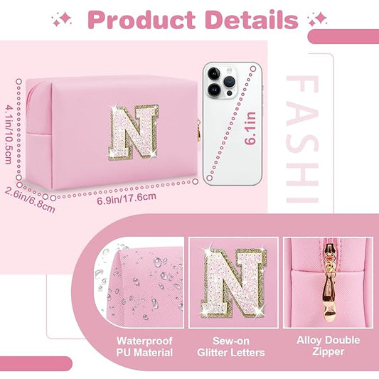 Small Personalized Initial A-Z Patch Makeup Bag,Pink Cute PU Leather Glitter Letter Cosmetic Bag for Teen Girls,Travel Toiletry Bag with Zipper,Preppy Monogrammed Birthday Gift for Daughter Niece N