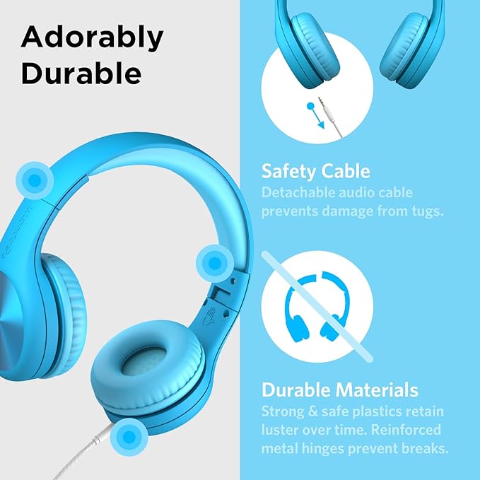 LilGadgets Connect+ Pro Wired Kids Headphones for School with Microphone, Volume Limiting Over-Ear Headset with Cord, SharePort Technology & SoftTouch Padding, Blue