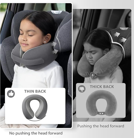 Car Pillow for Big Kids Travel Neck Pillows, Memory Foam Neck Support Travelling Pillow with Washable Cotton Pillowcases and Storage Bag, for Airplane, Train, Flight and Home Use Grey
