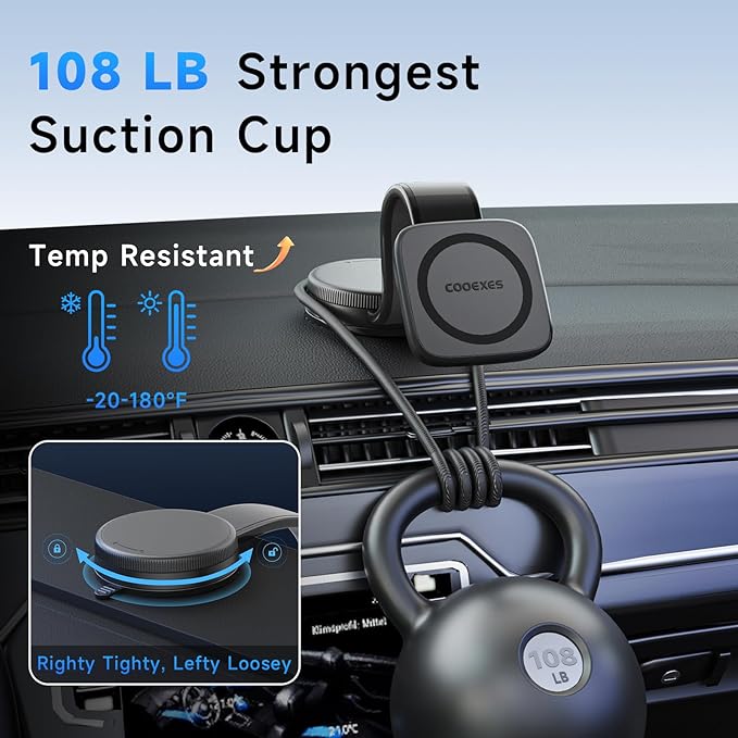 COOEXES Magnetic Car Phone Holder, Bendable Alloy Arm Car Mount with Vacuum Suction, All-in-one Dessign & 108LBS Strongest Suction & 360° Rotation for All MagSafe Phones iPhone 17 16 15 14 Pro Max