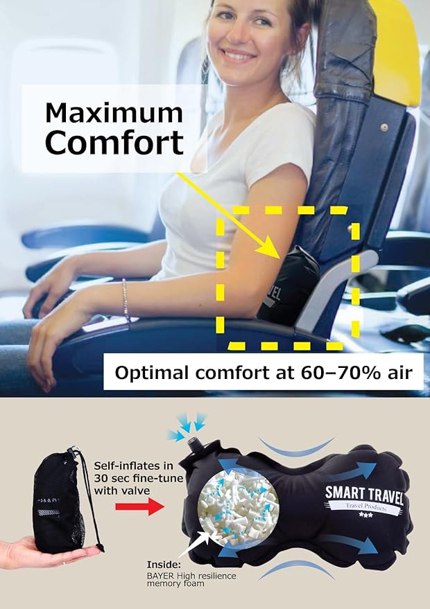 SmartTravel Travel Products Inflatable Lumbar Support Pillow for Airplane & Office – Firm, Adjustable Back Cushion for Long Flights