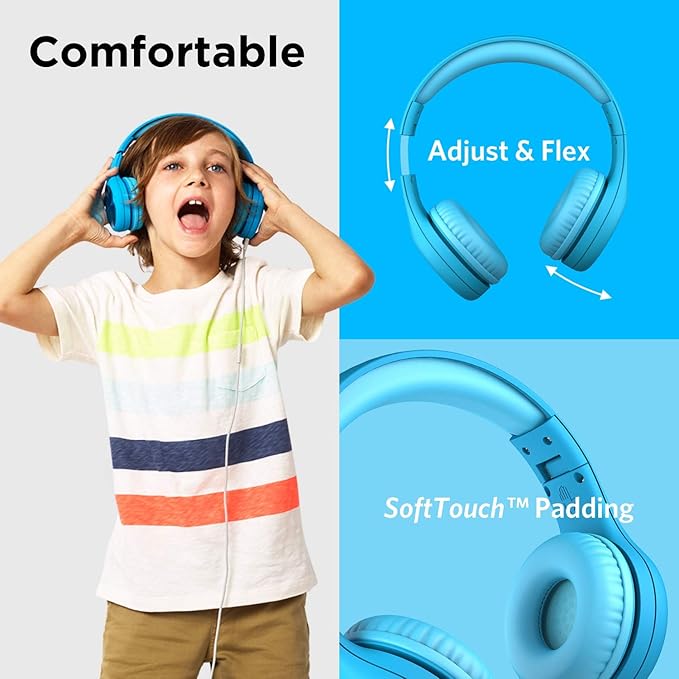 LilGadgets Connect+ Pro Wired Kids Headphones for School with Microphone, Volume Limiting Over-Ear Headset with Cord, SharePort Technology & SoftTouch Padding, Blue