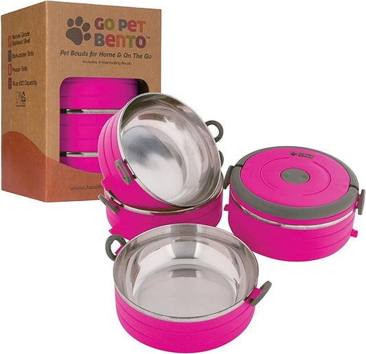 Healthy Human Travel Pet Bento Bowls - Human-Grade Stainless Steel & BPA-Free, Leak-Proof Water & Food Container Set for Dogs & Cats, 4-Pack Interlocking Bowls, Includes Spare Clips & Handle (Pink)