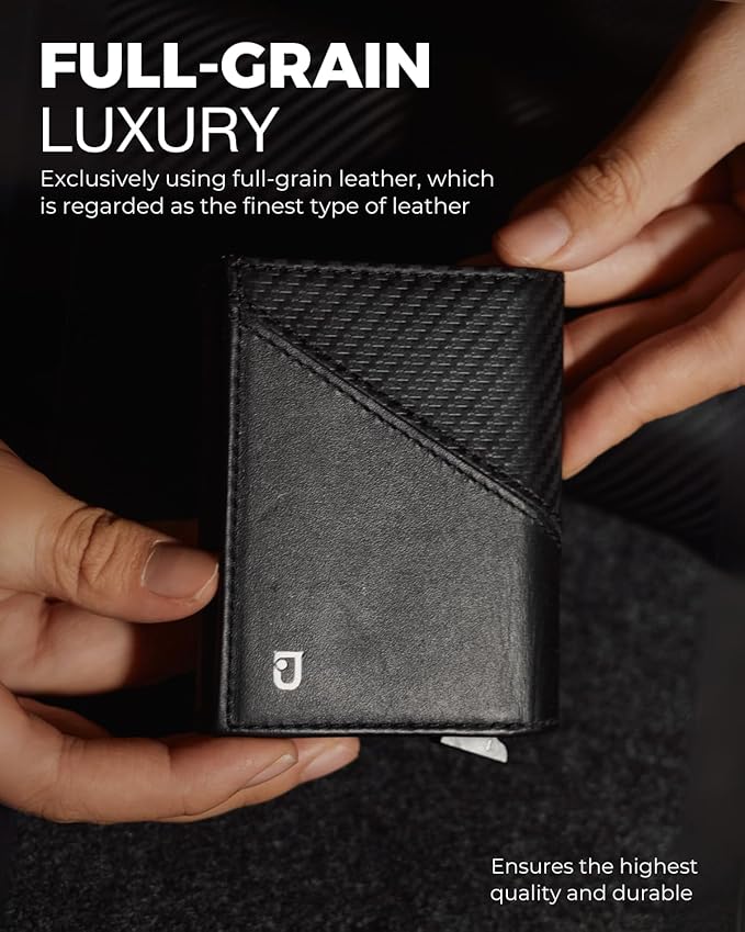 Jenoss Smart Wallet For Men: Full Grain Leather, Handcrafted, Slide Metal Pop Up Grey Case, Slim RFID Blocking Credit Card Holder, Minimalist Compact 12 Cards Slot Organizers ID Money Clip (Carbon)
