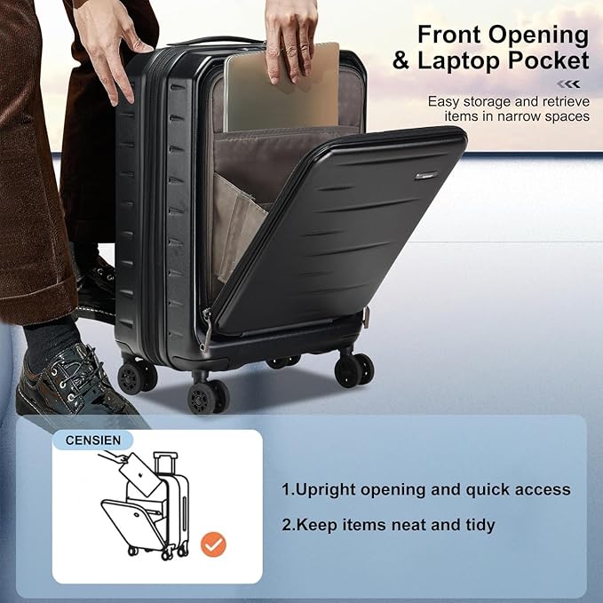 Expandable Carry On Luggage Airline Approved, 20 Inch Lightweight ABS+PC Hard Shell Suitcases with Front Pocket, Spinner Wheels, TSA Lock (Black, 1PC)