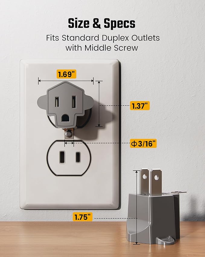 2 Prong to 3 Prong Outlet Adapter, ETL Listed 3-2 Prong Adapter, Fire-Retardant (392℉) PBT Material, SUPERDANNY Heavy Duty Wall Plug Adapter for Old Homes, Travel to Japan, Gray, 2-Pack
