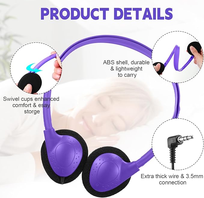 Konohan 10 Pack Headphones Bulk Headphone for School Classroom Student Wired Headphones Adjustable with 3.5 mm Jack for Adults (Purple)