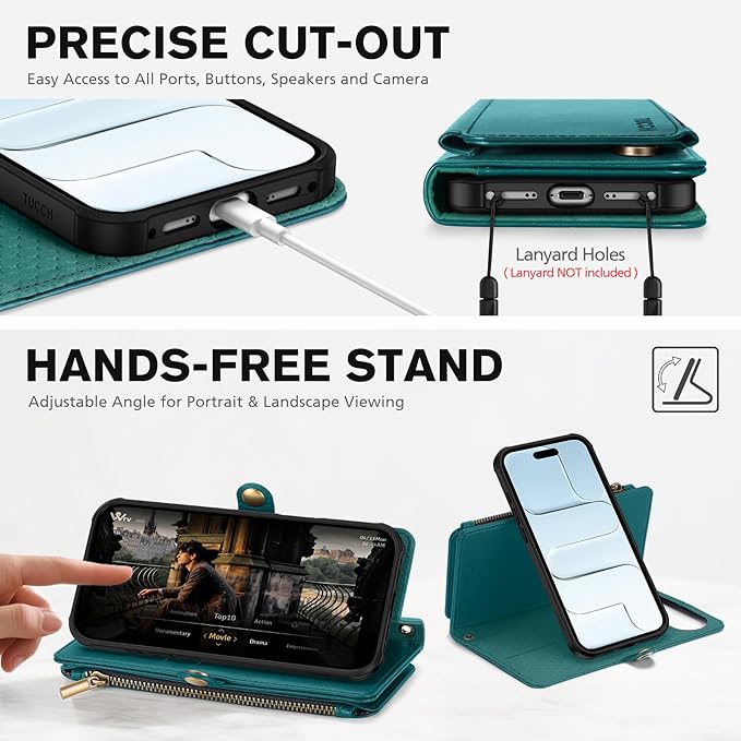 TUCCH Detachable Crossbody Wallet Case for iPhone Air (6.5"), 9 Card Holders RFID Blocking | Lanyard | Wrist Strap | Wireless Charging | Zipper Pocket | PU Leather | Stand Flip Cover | Bluish Green