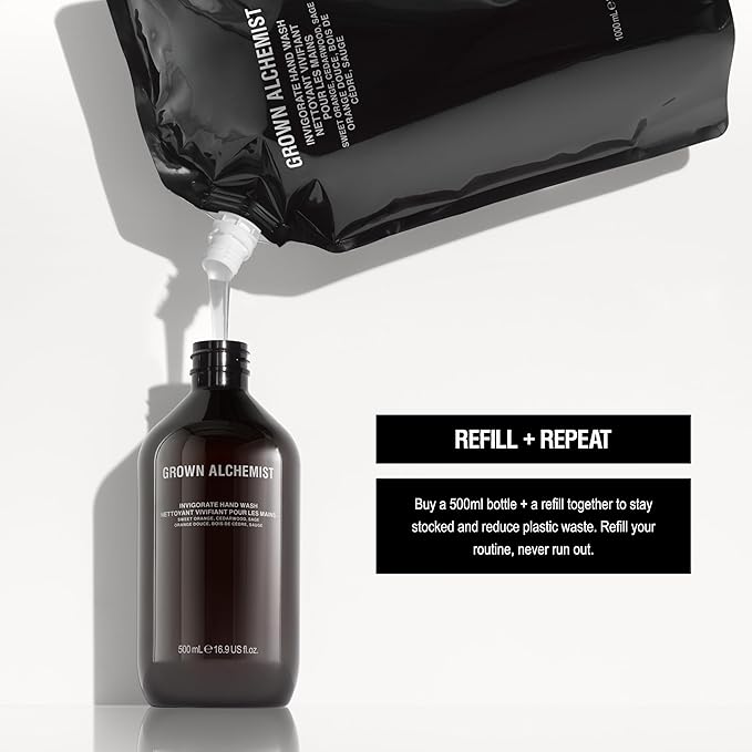 Grown Alchemist Invigorate Hand Wash Refill Pouch, Sweet Orange, Cedarwood, Sage. Soothe, Soap to Cleanse & Nourish Skin, (1L).