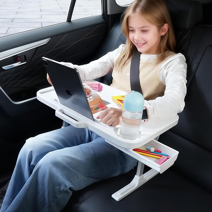 DICMKY Foldable Car Seat Tray Table, Adjustable Multifunctional Lap Tray for Kids, Portable Car Lap Desk for Laptop Computer Tablet, Rear Seat Tray for Eating/Reading, Travel Essentials Accessories