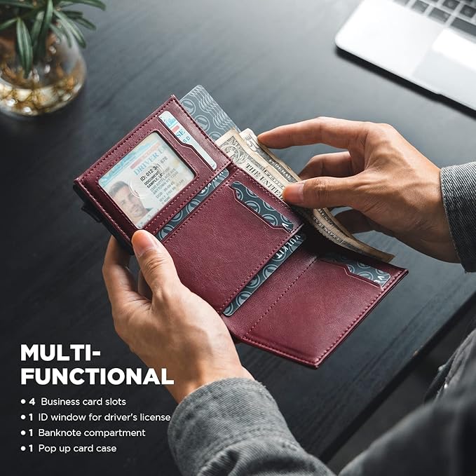 VULKIT Pop up Card Wallet Minimalist Cash Wallets RFID Blocking Leather Smart Credit Card Holder with ID window for Men(Wine)