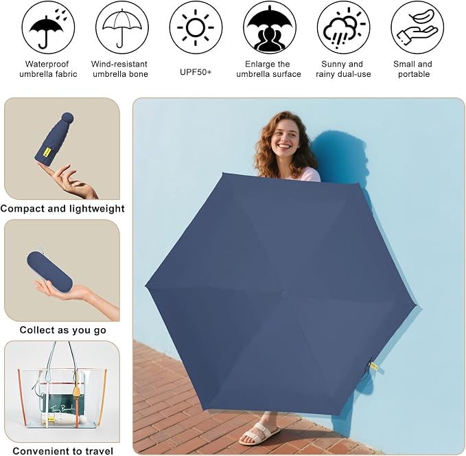 Compact Travel Umbrella - Mini Manual Umbrella for Purse, Windproof & UPF 50+ Sun & Rain Protection, Lightweight Portable Folding with Case for Women, Men，Kids