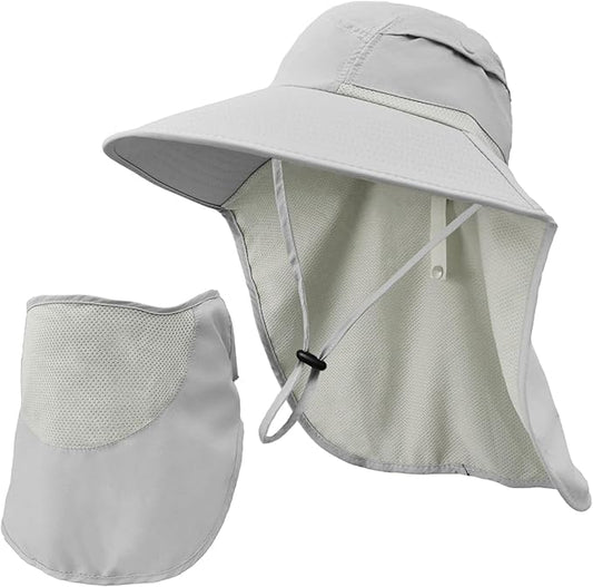 Sun Hats for Men Women Detachable Face Cover Wide Brim Fishing Hats with Neck Flap UPF 50+ Outdoor Safari Hats