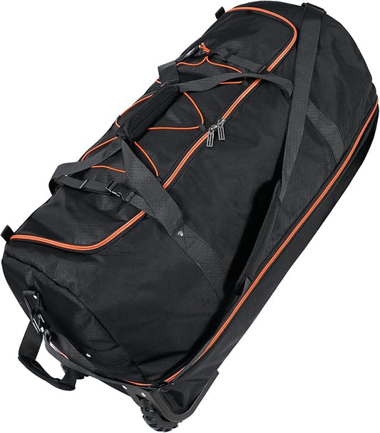 110L Expandable to 140L 32” Foldable Oxford Soft-Sided Rolling Duffle Bag with 2 Heavy-Duty Wheels,3 Large Compartments,Adjustable Shoulder Strap and Attached Organizer Pouch,Black Orange