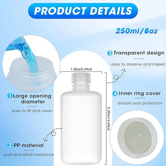 8oz/250ml Plastic Sample Bottles with Caps, Wide Mouth Reagent Bottle with Lids Leak Proof Containers Water Sample Bottles for Laboratories, Travel(2Pcs)