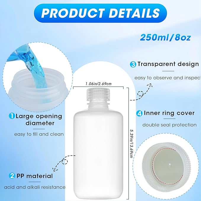 8oz/250ml Plastic Sample Bottles with caps, Wide Mouth Reagent Bottle with Lids Leak Proof Containers Water Sample Bottles for Laboratories, Travel(5Pcs)