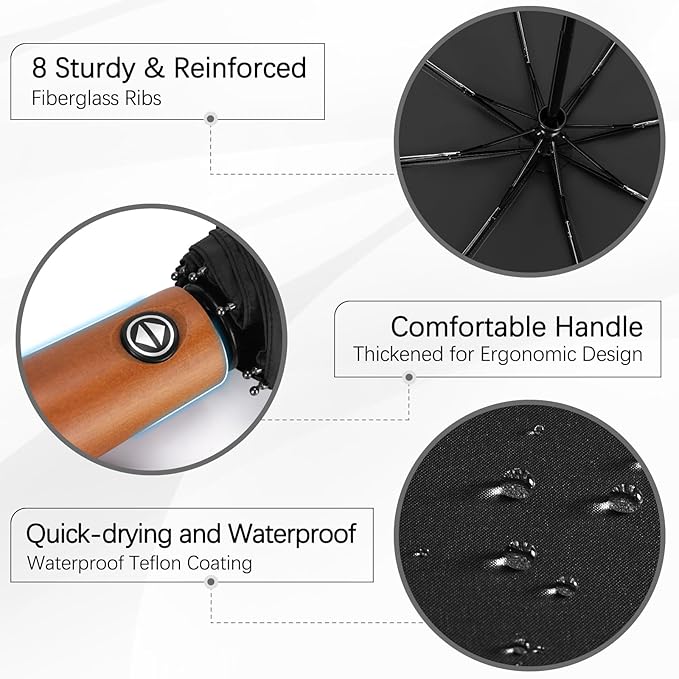 Yoobure Windproof Travel Umbrella with Wood Handle - Automatic Umbrellas for Rain & UV Sun Protection, Compact 46" Large Canopy, Lightweight Backpack Portable for Walking & Outdoor