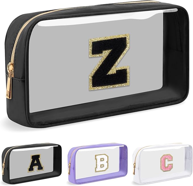 Personalized Initial Letter Clear Makeup Bag,Preppy Small Nylon&PVC Cosmetic Zipper Bag with Chenille Letter,Travel Skincare Toiletry Bag,Monogram Christmas Gift for Teen Girls Women,Z