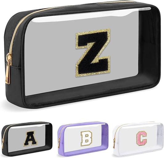 Personalized Initial Letter Clear Makeup Bag,Preppy Small Nylon&PVC Cosmetic Zipper Bag with Chenille Letter,Travel Skincare Toiletry Bag,Monogram Christmas Gift for Teen Girls Women,Z