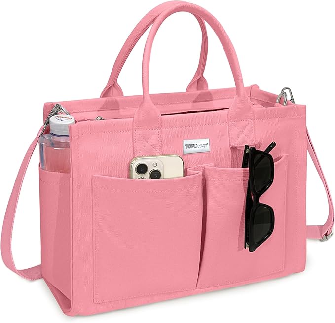 TOPDesign Heavy-Duty Canvas Tote Bag for Women, Adjustable Crossbody/Shoulder Handbag with 9 Pockets, Everything Tote