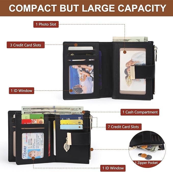 yiijay Small Wallet Women RFID Blocking Leather Bifold Wallet Credit Card Holder for Women Ladies Compact Wallet Mini Purse With Zipper Pocket