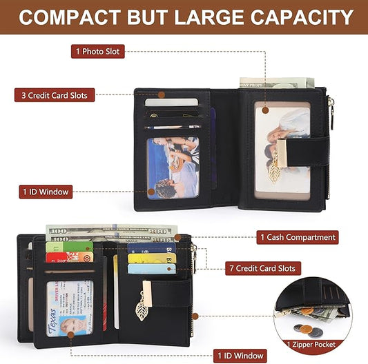 yiijay Small Wallet Women RFID Blocking Leather Bifold Wallet Credit Card Holder for Women Ladies Compact Wallet Mini Purse With Zipper Pocket