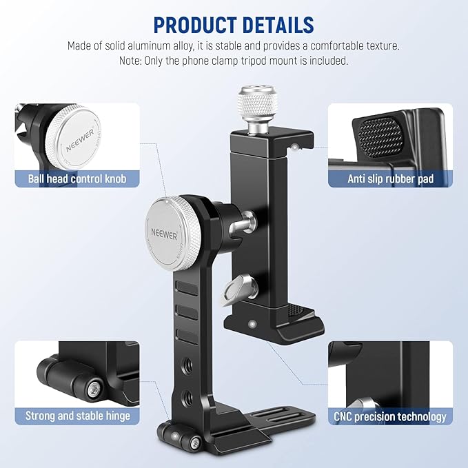 NEEWER Smartphone Tripod Mount Aluminum Alloy, 360° Rotatable Phone Stand Holder Clamp with Cold Shoe and Arca Base Compatible with iPhone 15 Pro Max Galaxy S24 Ultra Pixel & 2.6"-4" Wide Smartphones