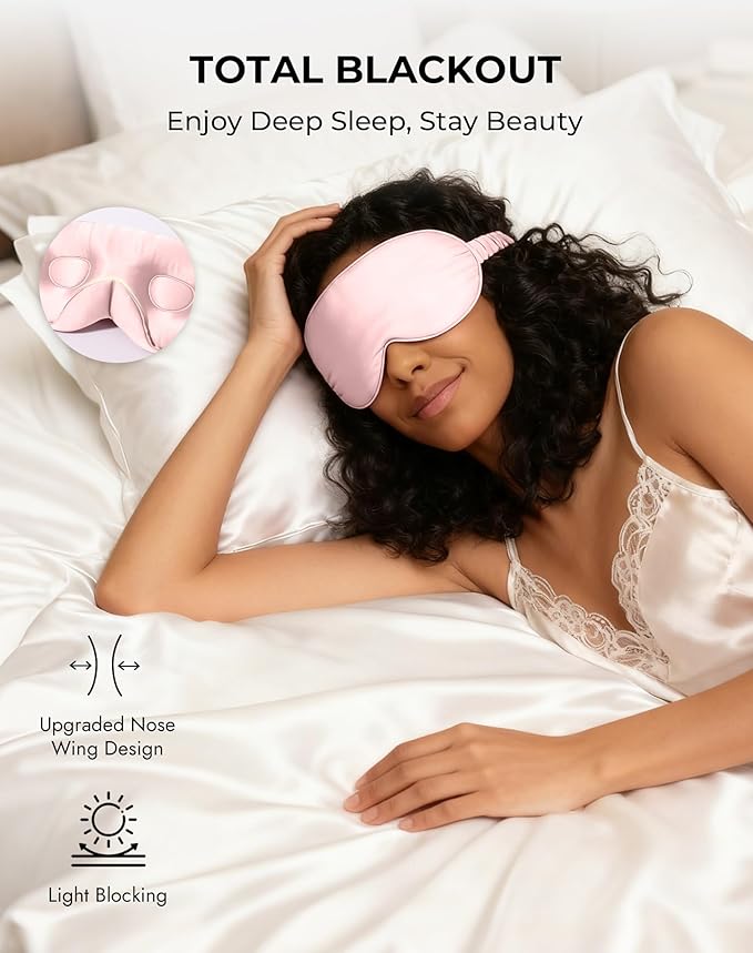 SilkSilky 100% 22 Momme Mulberry Silk Sleep Mask – Upgraded 3D Contoured Eye Mask with Nose Wing Pads & Adjustable Strap, Luxury Blackout Eye Cover for Women & Men (Pink)