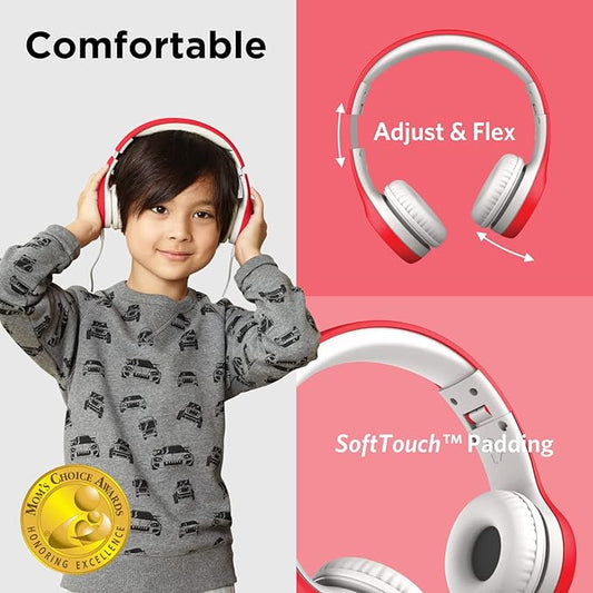 LilGadgets Connect+ Foldable Headphones, Adjustable Fit Soft Touch Padding for Kids with Mic, Volume-Limited & Noise Reduction On-Ear Wired Headset for School with SharePort - Red, Ages 3-14