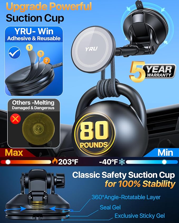 YRU [2025 Upgraded] Magnetic Phone Holder for Car【Patented & Super Magnet】 for MagSafe Car Mount Dashboard Magnet Phone Holder Windshield Phone Stand for iPhone 16 15 14 13 12 Pro Max Samsung, Grey