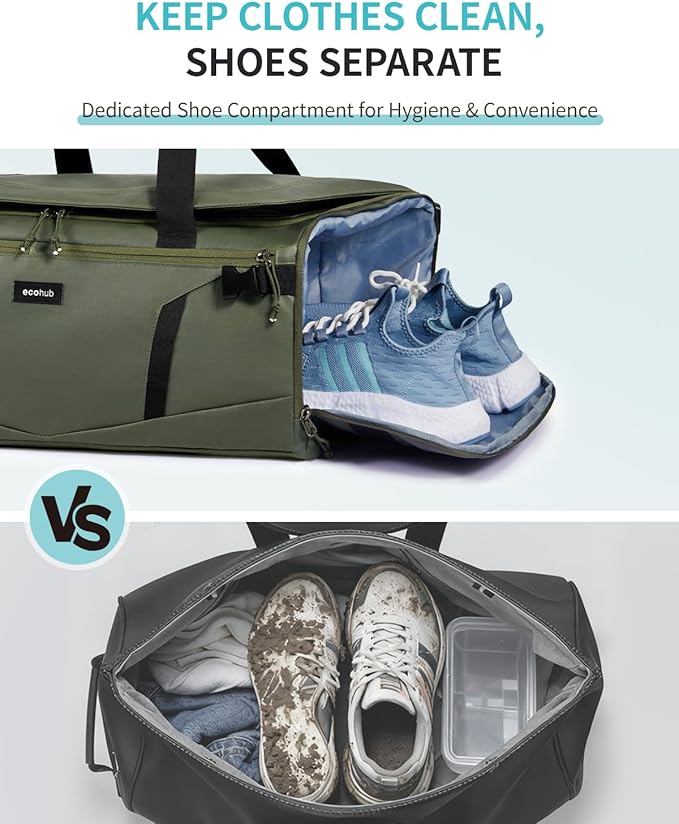 ECOHUB 40L Gym Bag for Women Men Water Resistant Sports Duffle Bag with Shoe Compartment & Wet Pocket, Travel Weekender Camping Backpack