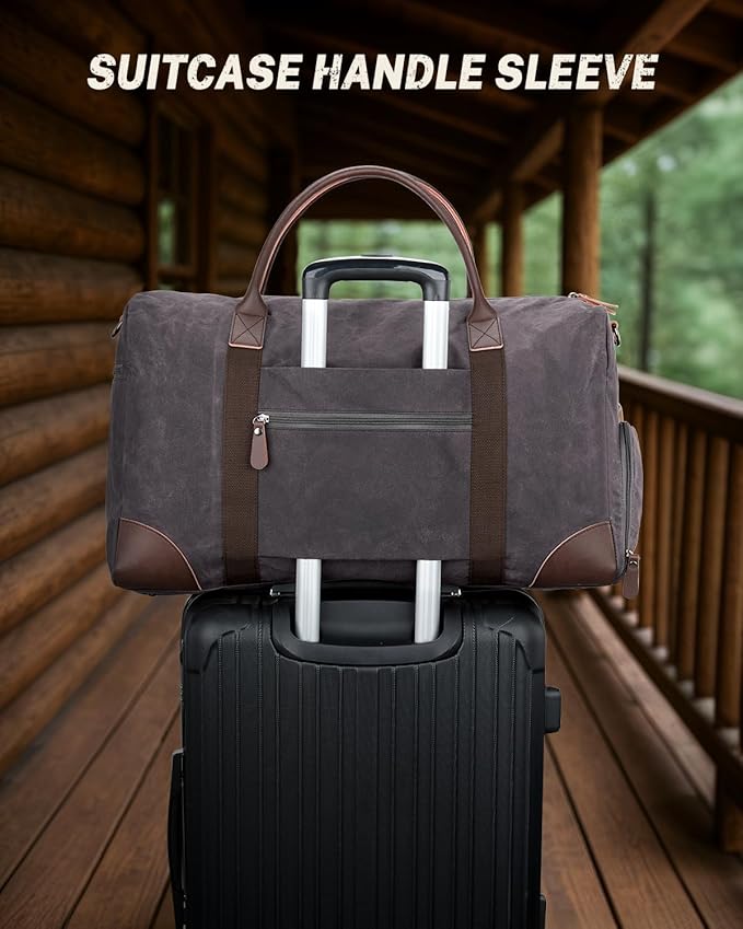 Gonex Waxed Canvas Duffle Bag for Travel, Water-resistant Vintage 55L Duffel Weekender with Shoes Compartment & Luggage Tag, Heavy-duty Overnight Bag with Suitcase Handle Sleeve for Men, Dark Grey