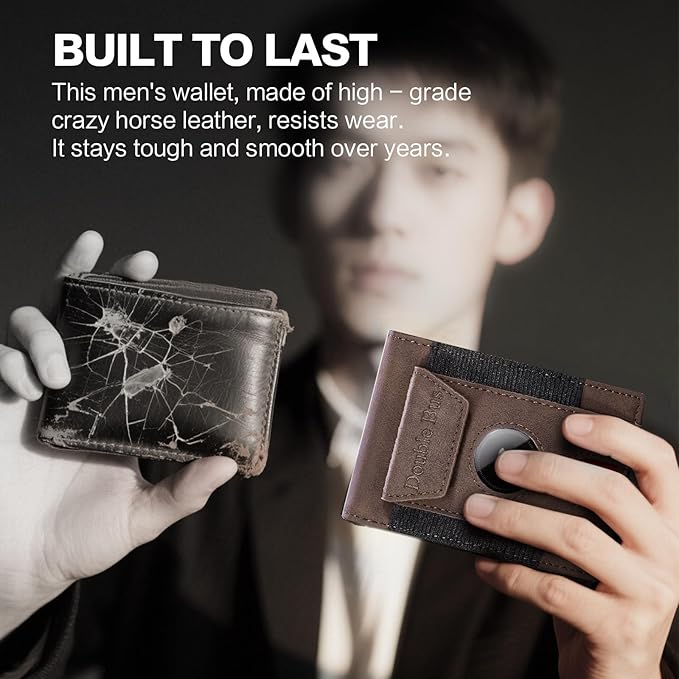 Wallet for Men RFID Blocking Bifold Mens Leather Wallets,Ultra Thin Minimalist Front Pocket Small Compact Mens Slim Wallet,Smart Security Credit Card Holder Elastic Pocket,with Money Clip, 2 ID Window