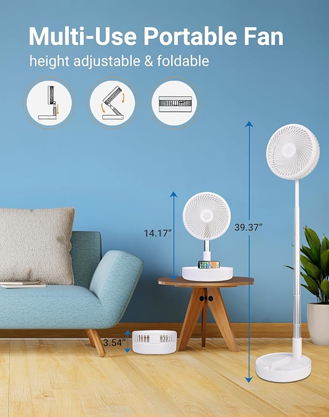Primevolve Battery Operated Fan,Portable Rechargeable USB Floor Table Desk Fan with Adjustable Height, 4 Speed Settings Pedestal Fan for Bedroom Camping Travel,White 7.7"