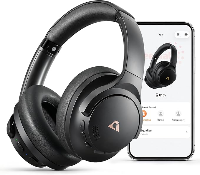1Mii Y8+ Noise Cancelling Headphones Bluetooth, Wireless LDAC Hi-Res Audio, Custom EQ via App, 75H Playtime, Comfort Fit, Over Ear Headphones Foldable for Airplane Travel Home Office Black